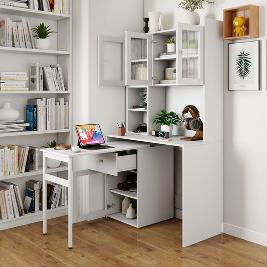 Computer Desk with glass door for Home Office or Study desk, Bookshelf & Hutch, Computer Desk with 90 Degree Rotating Desktop
