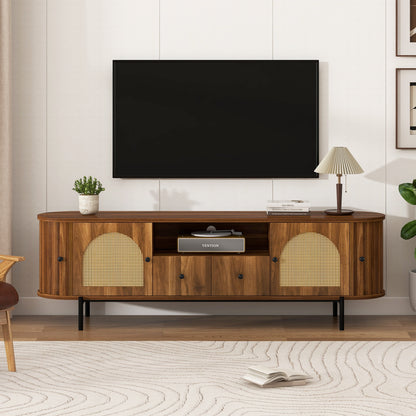 U-Can American Style TV Stand with Rattan Arched Doors, Drawers, Hidden Storage, Steel Legs, Rounded Corners