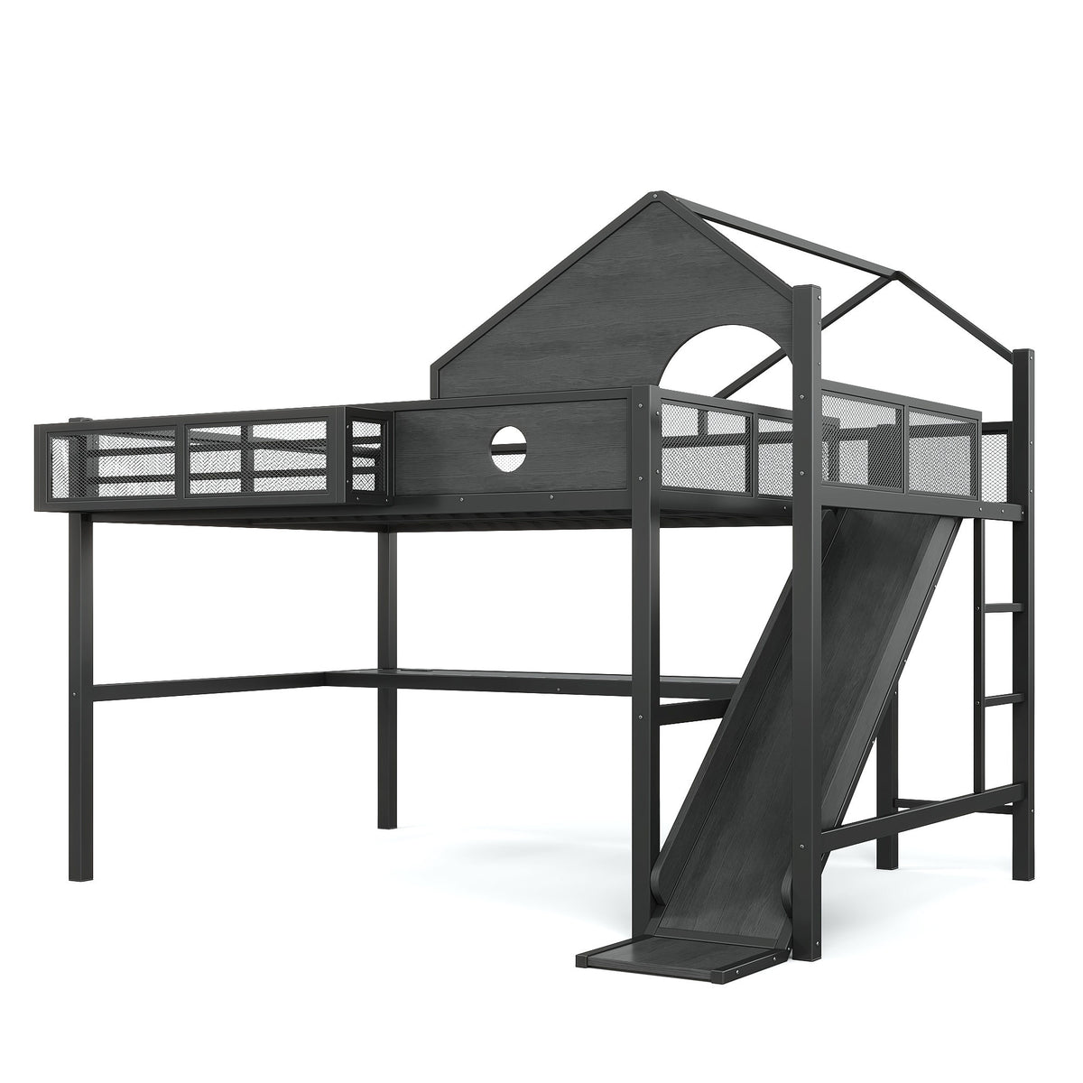 Queen Size Multifunctional Loft Bed with Slide, Desk,and Storage Shelves, Metal Loft Bed Frame With USB Ports And Led Lights, Triangular Geometry House Design, Black