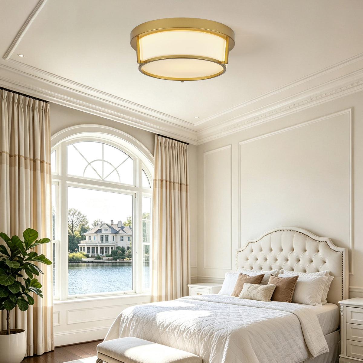 13.58" Flush Mount LED Ceiling Light, Brushed Gold Metal Frame with Glass Shade, No Remote Control