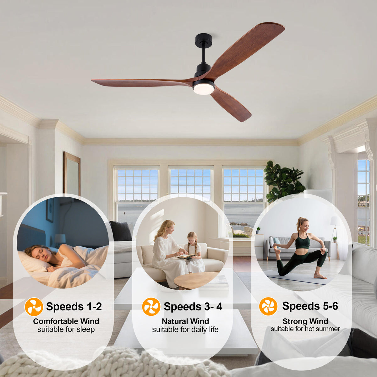 72 Inch Ceiling Fan with LED Light, 3‑Blade Black Walnut Wooden Fan, DC Motor, 6‑Speed & 1/4/8H Timer, Matte Black Iron, For Large Living Room Farmhouse Indoor