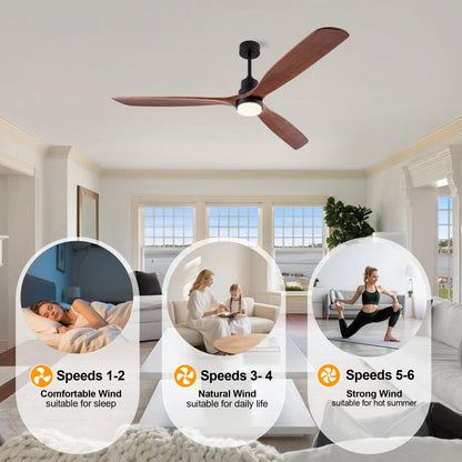 72 Inch Ceiling Fan with LED Light, 3‑Blade Black Walnut Wooden Fan, DC Motor, 6‑Speed & 1/4/8H Timer, Matte Black Iron, For Large Living Room Farmhouse Indoor