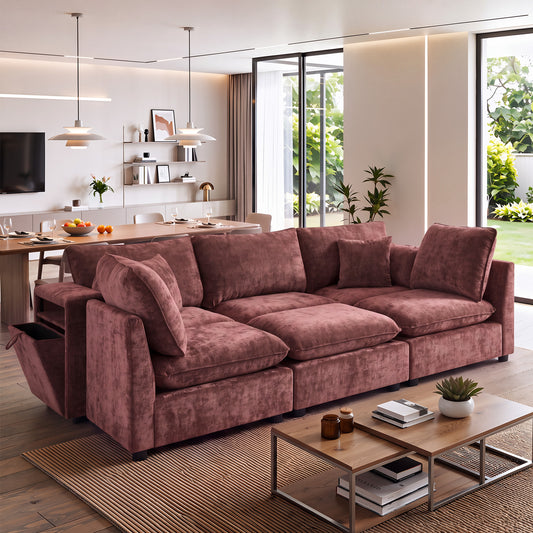 Modern Sectional Sofa Modular Sofa 93.7" U-shaped Sofa Couch Sofa Bed L-shaped Sofa with a Movable Ottoman, Storage Armrests and USB Ports, Red