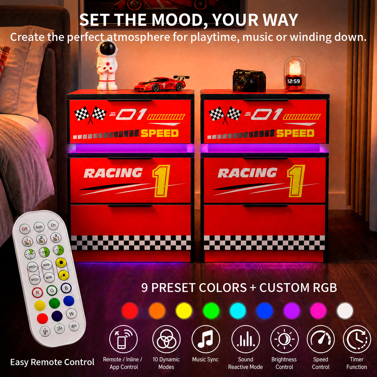Kids Racing Car 3-Drawer Nightstand with Smart RGB LED Light, App/Remote/Music Sync Bedside Storage Cabinet, Fully KD