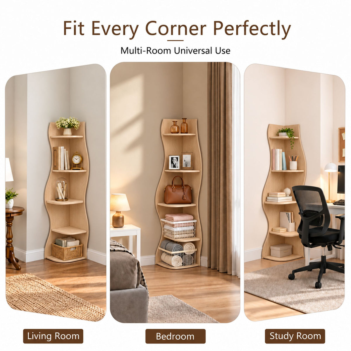 (Old Sku : W5156P534910)5-Tier Corner Shelf, Modern Wavy Corner Bookshelf, Tall Corner Storage Rack for Living Room, Bedroom, Kitchen, Home Office, Space-Saving Display Stand with Rounded Edges