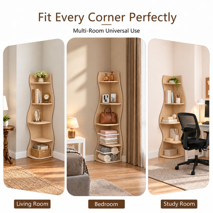 (Old Sku : W5156P534910)5-Tier Corner Shelf, Modern Wavy Corner Bookshelf, Tall Corner Storage Rack for Living Room, Bedroom, Kitchen, Home Office, Space-Saving Display Stand with Rounded Edges