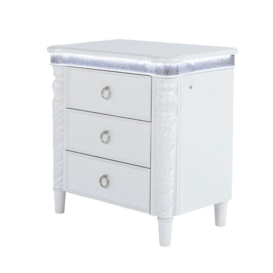 Glam Style 1pc Nightstand Pearl White Finish Rope Twisting Carving LED Lights Metal Side Glides Bedroom Furniutre