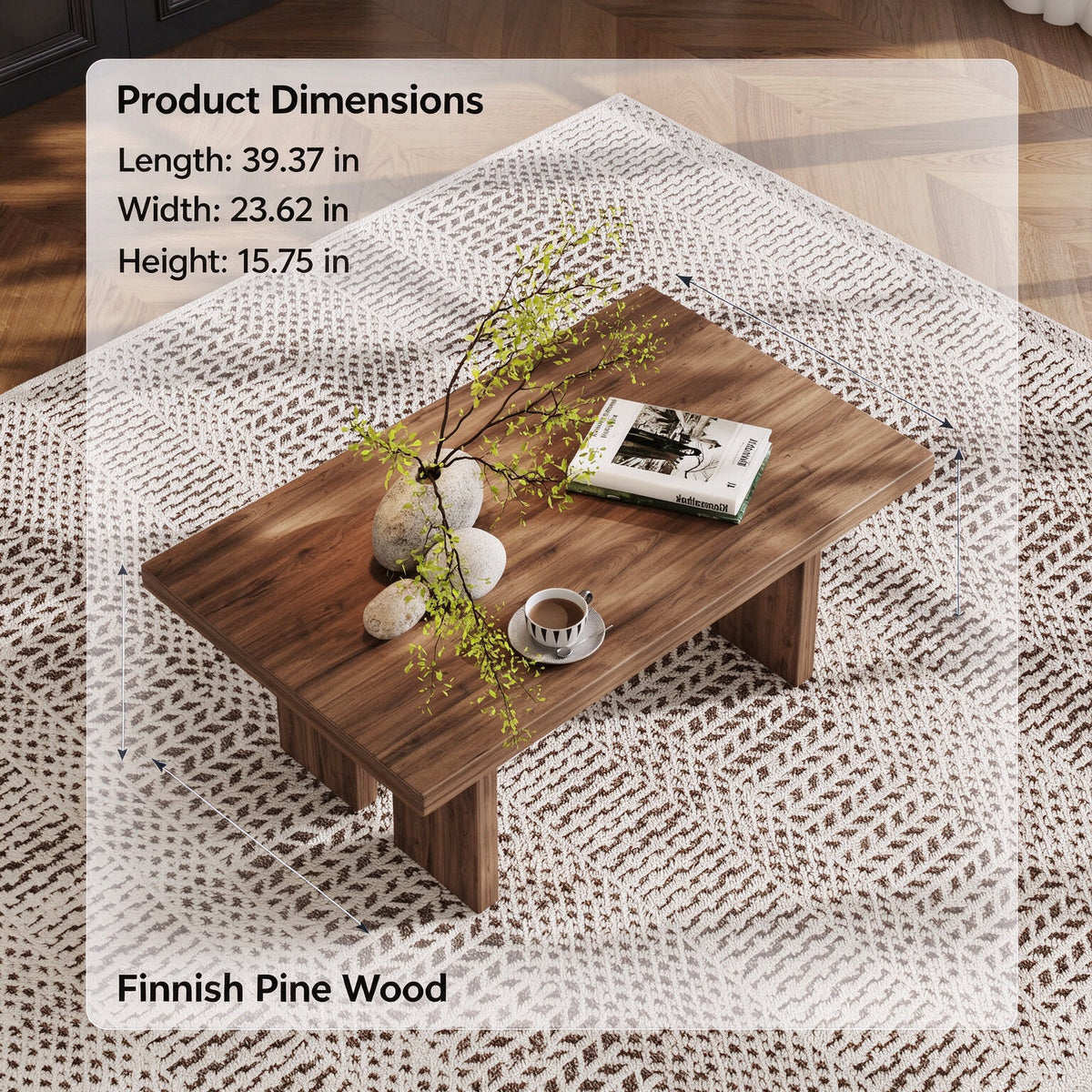 39.37" Solid Wood Coffee Table, 100% Real Wood Rectangular Center Table, 39.37" × 23.62" × 15.75", Modern Wooden Cocktail Table for Living Room, Apartment and Office