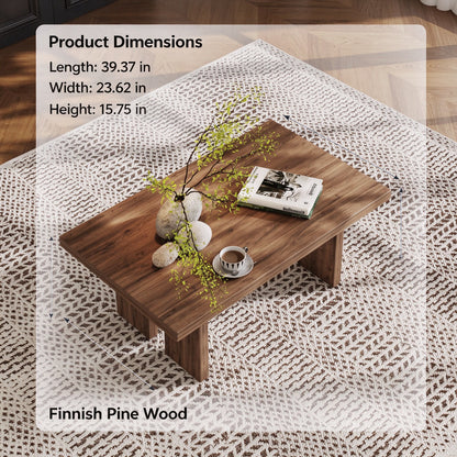 39.37" Solid Wood Coffee Table, 100% Real Wood Rectangular Center Table, 39.37" × 23.62" × 15.75", Modern Wooden Cocktail Table for Living Room, Apartment and Office