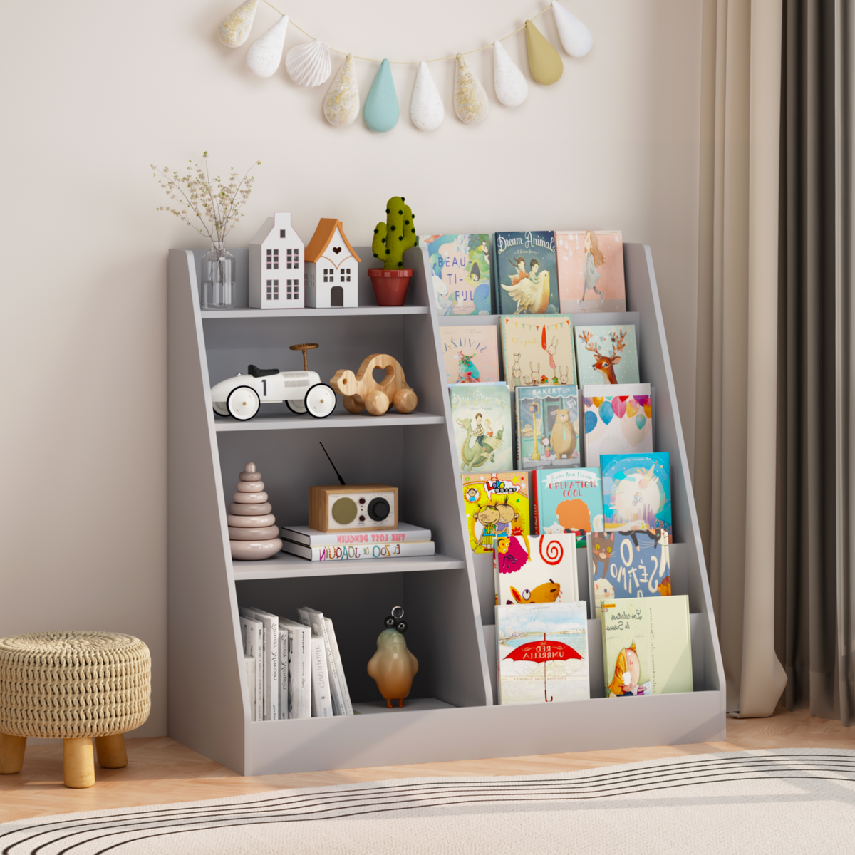 Kids Bookshelf and Toy Storage Organizer, Multifunctional 4 Tier Wooden Kids Book Shelf with Bookcase Display Stand, Children, Toddlers - Gray – Model W808P434870