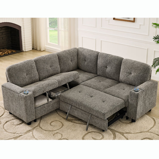 5 Seat Reversible L Shaped Sleeper Sofa, Pull Out Convertible Sectional Couch with Storage, USB-C Charger, Cup Holders, Linen Fabric Modular Sofa Bed for Small Apartment, Grey