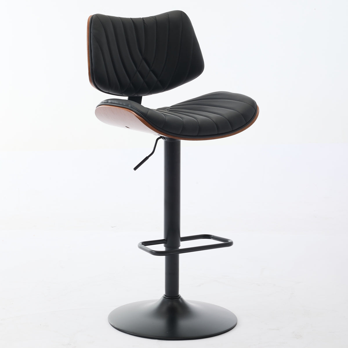 Walnut Bentwood Bar Stools Mid Century Modern Adjustable Counter Height Black Leather Upholstered 360°Swivel Bar Chairs for Kitchen – Model W1143P173514