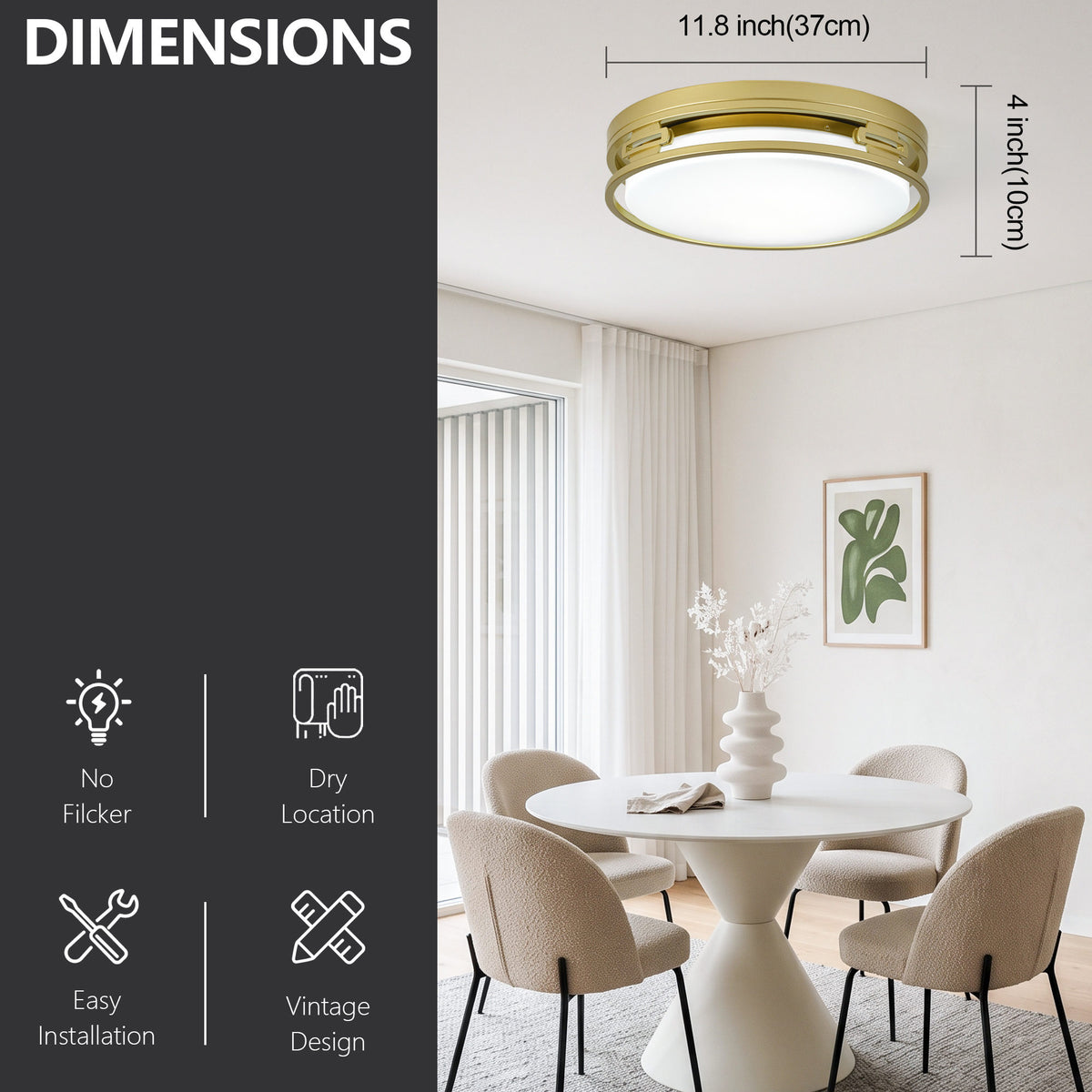 14.57" LED Flush Mount Ceiling Light, 22W 5CCT Selectable, Gold Metal Frame, Acrylic Shade, RA>80