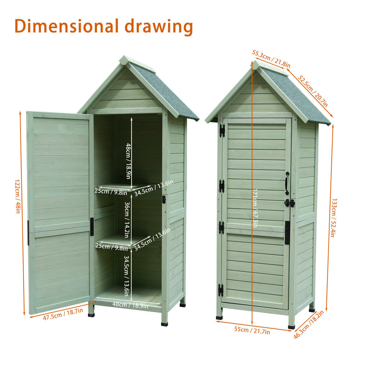 Outdoor Wooden Storage Shed, Tall Narrow Garden Tool Cabinet with Lockable Door & 2 Shelves, Waterproof Asphalt Roof, Vertical Tool Organizer for Patio, Backyard, Lawn