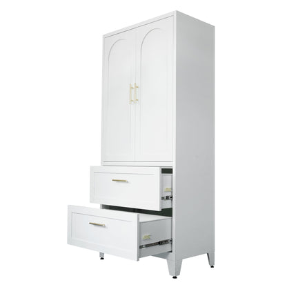 71" Tall Metal Wardrobe Cabinet with 2 Drawers and Hanging Rod, 2 Doors Wardrobe Closet with Shelf for Bedroom, Office, Laundry Room,Entryway ,Foyer,Guesthouse (White)
