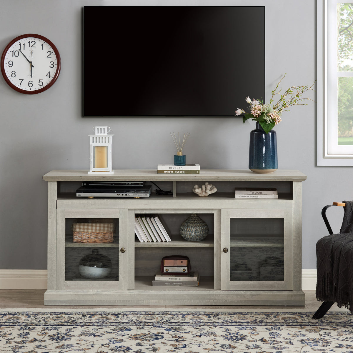 Contemporary TV Media Stand Modern Entertainment Console for TV Up to 65" with Open and Closed Storage Space, Stone Gray
