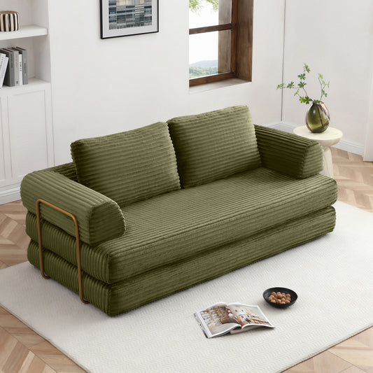 Convertible Sofa Bed, Folding Floor Couch Corduroy Fold Out Couch Bed Futon Sleeper Mattress with Pillows, Boneless Sofa, Green