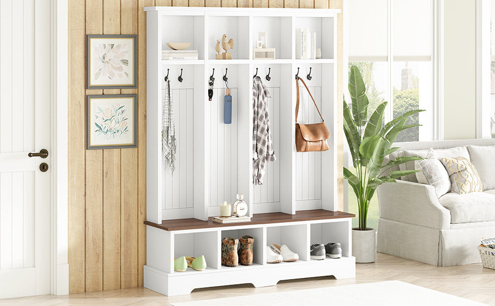 Farmhouse Hall Tree with 8 Hooks, Practical Entryway Bench with Open Compartments, 76.7"H Modern 3-in-1 Wooden Style Coat and Shoe Rack for Mudroom, Living Room, White (OLD SKU: N721S000075K)