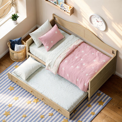 Twin Solid Wood Daybed with Drawer Rolling Trundle, Multi-Purpose Single Sofa Bed for Bedroom Living Room,Natural