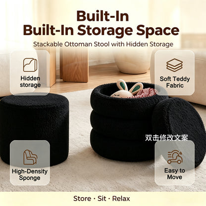 Round Ottoman with Storage Boucle Ottoman (Black)   Storage Removable Lid for Living Room Modern Vanity Sorage Stool Foot Rest Bedroom Set of 2