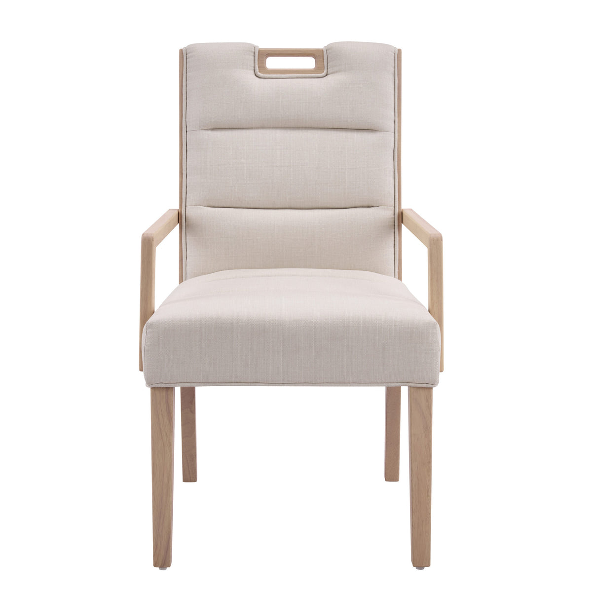 Upholstered Dining Chairs with Armrests, Beige Fabric & Natural Rubber Wood Frame, Set of 2