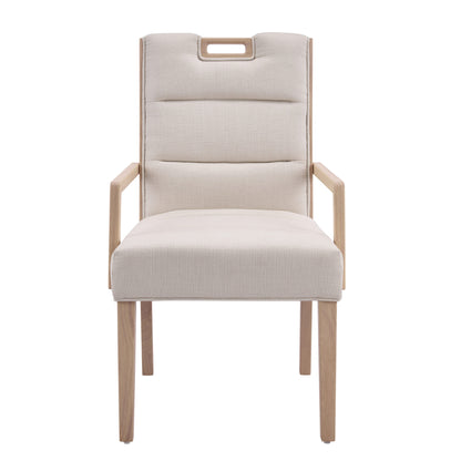 Upholstered Dining Chairs with Armrests, Beige Fabric & Natural Rubber Wood Frame, Set of 2