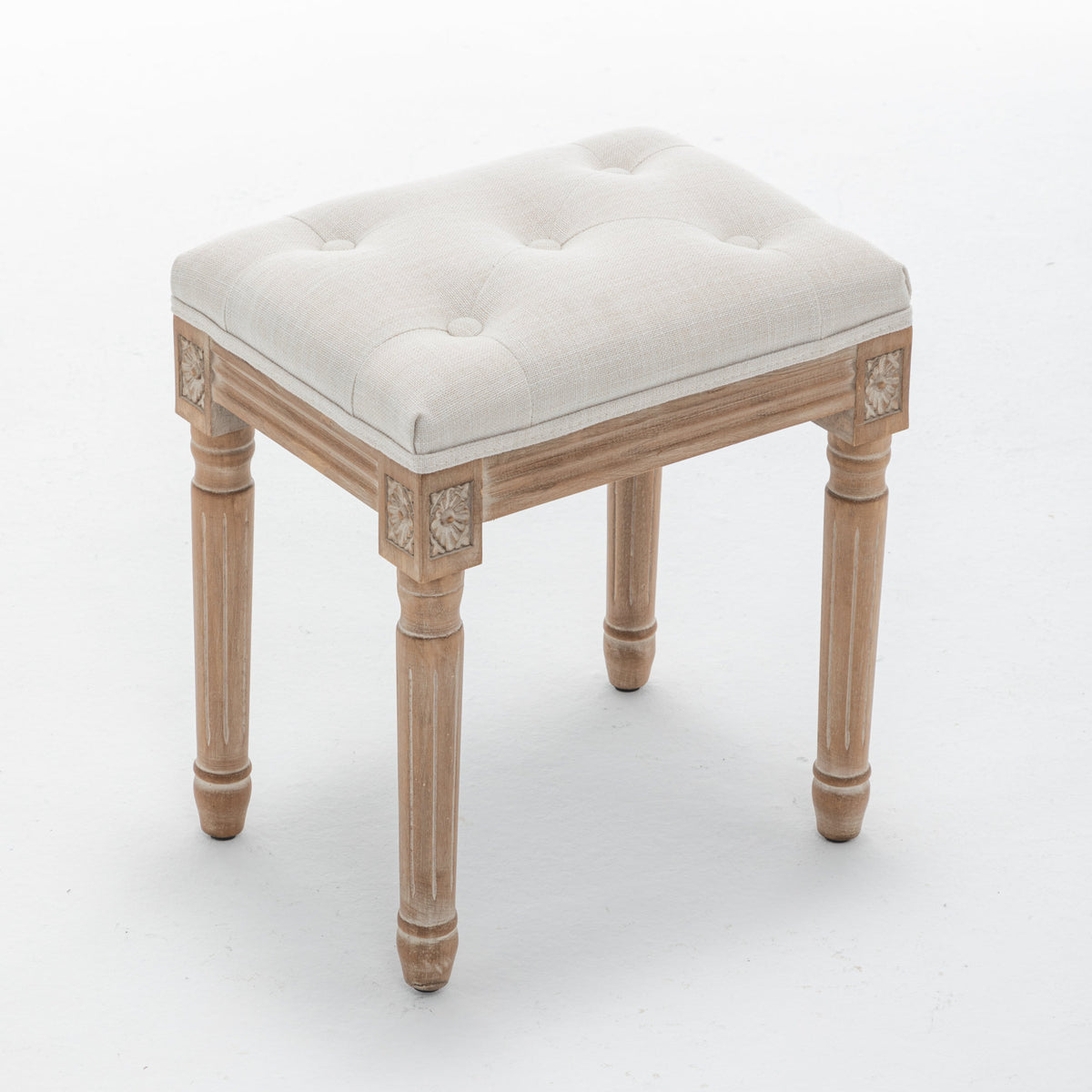 Tufted Vanity Stool with Linen Upholstery & Carved Solid Wood Legs, Dressing Bench for Bedroom, Beige