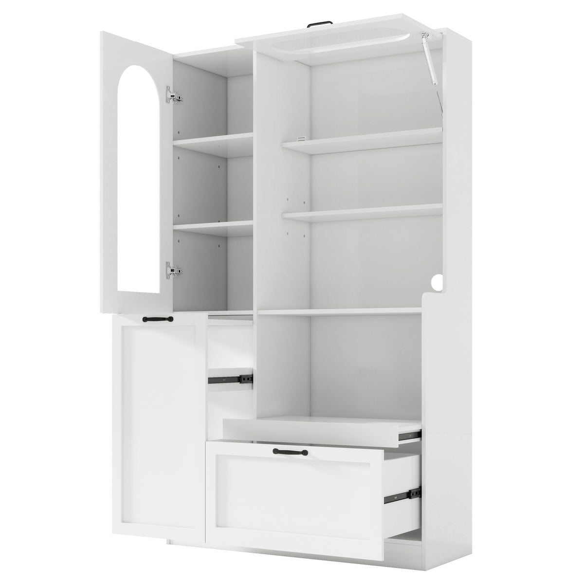 TREXM Tall Freestanding Kitchen Pantry Cabinet with Arched Glass Door, Flip-Up Cabinet Door, Pull-Out Shelves & Drawer, Adjustable Shelves, Storage Cupboard for Kitchen Dining Room (White)