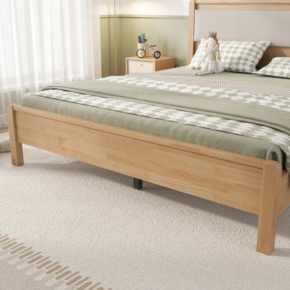 Queen Size, Solid Rubber Wooden Bed with Upholstered Headboard, Reinforced by Central Support Legs,Natural