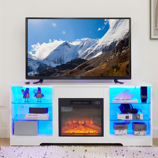 TV Stand Electric Fireplace  Glass Shelves, 3D Fireplace TV Stand with LED Lights Wood with USB Charging Outlet Modern Television Table Center for TV up to 62' White, 58''W*15.5''D*24.4