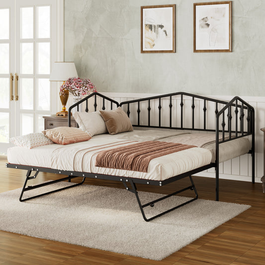 Twin Size Stylish Metal Daybed with Twin Size Adjustable Trundle, Portable Folding Trundle, Black(OLD SKU:WF312105AAB)