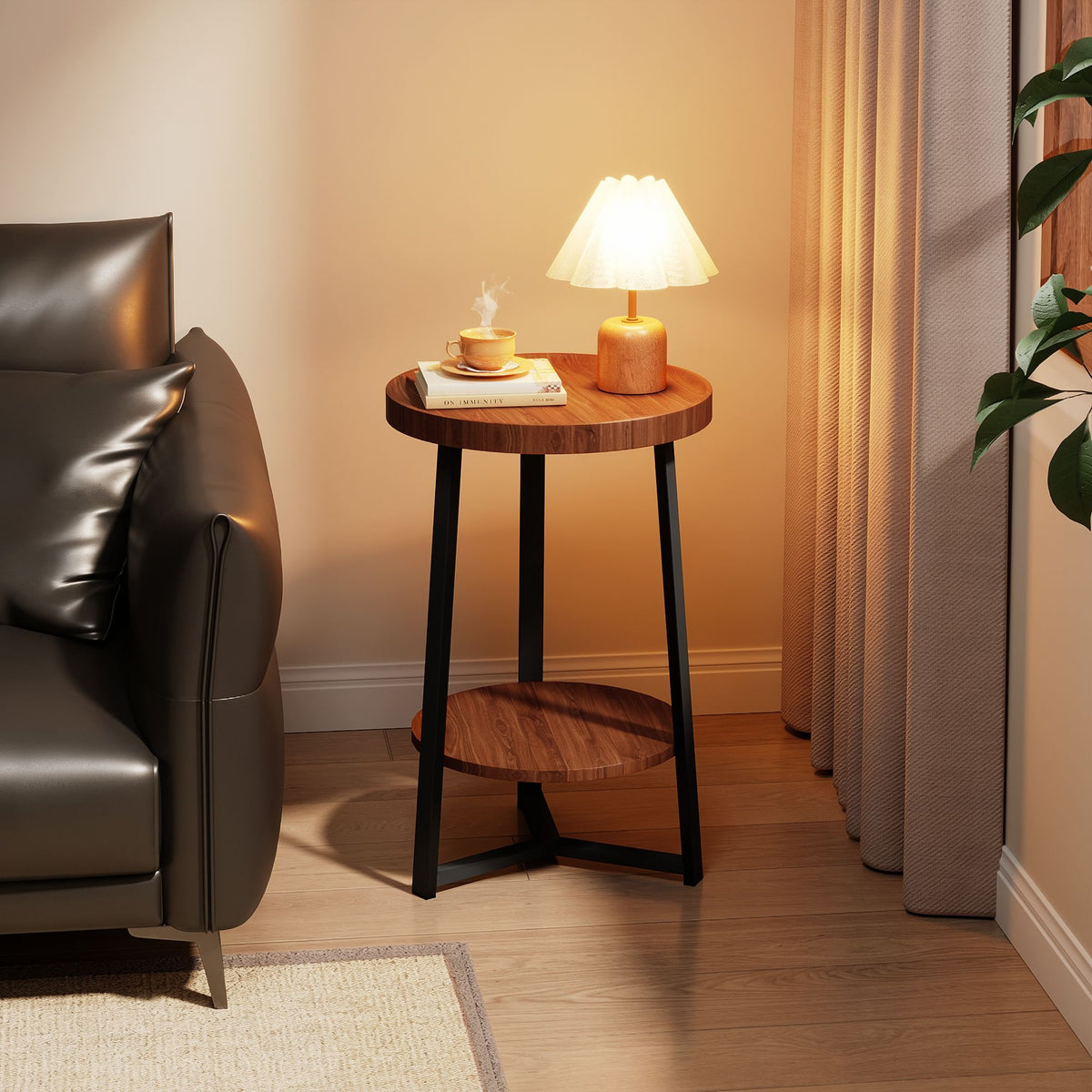 End Table with Storage, 2-Tier Small Round Side Table, Farmhouse Accent Table & Nightstand for Living Room, Bedroom & Small Spaces, Wood Top, Black Metal Frame, Brown
