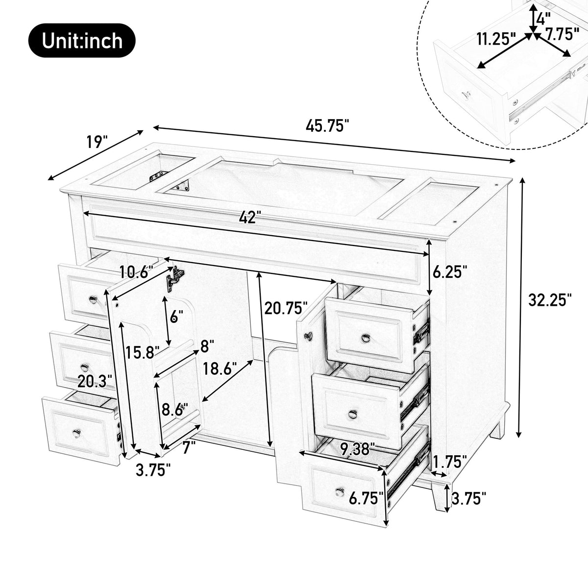 46" Bathroom Vanity without Sink, Cabinet Only, Soft-Close 6 Drawers & Double Doors with 2-Tier Shelves, Solid Pine Legs, White (Same SKU: N759P351752K)