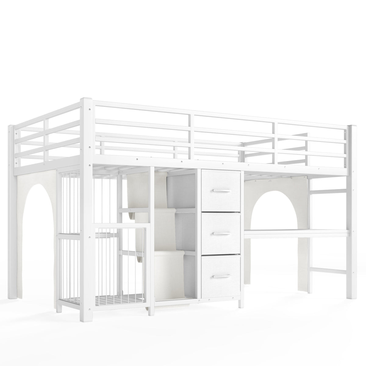 Twin Metal Low Loft Bed for Kids, Low Loft Bed with Storage Drawer, Low Loft Bed with Bookshelf & Built-in Desk, Sturdy Low Loft Bed Frame, Multi-Function Low Loft Bed for Kids.White