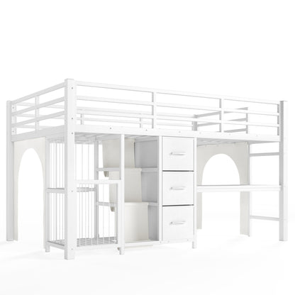 Twin Metal Low Loft Bed for Kids, Low Loft Bed with Storage Drawer, Low Loft Bed with Bookshelf & Built-in Desk, Sturdy Low Loft Bed Frame, Multi-Function Low Loft Bed for Kids.White