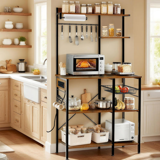 Bakers Rack with Power Outlet, Microwave Stand with Storage, Coffee Bar with S-Shaped Hooks, Kitchen Shelf with Wire Basket, Metal Bakers Rack for Spices, Pots (Brown)