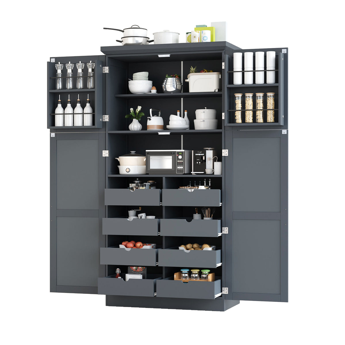[Assembly Video Provided] TOPMAX 35.5x17.6x70.9inch Freestanding Kitchen Pantry Cabinet, Tall Storage Cabinet with 4 Doors, 2 Door Shelves – Gray