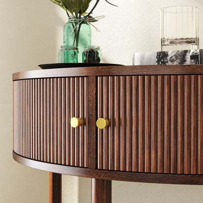 Artisan-Crafted Wave-Pattern Demi-Lune Console Table with Brown Woodgrain,Unique Half Moon Design End Table with 2 Storage Drawers and Bottom Shelf for Living room, Bedroom, Study, Hallway