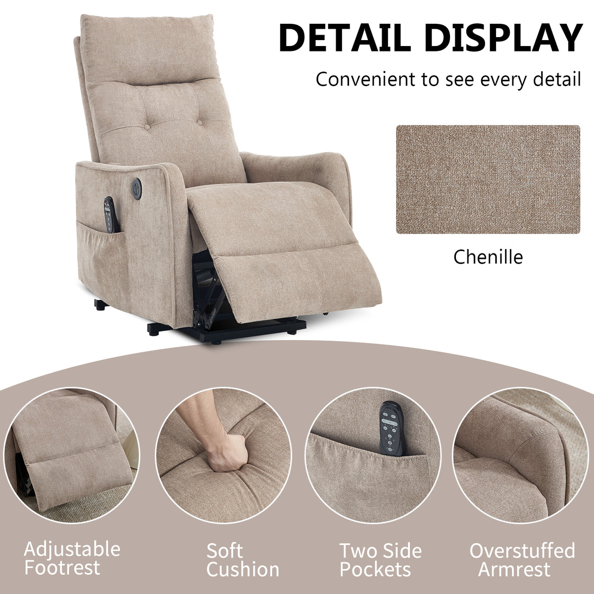 Khaki Chenille Single Motor Power Lift Recliner Chair with Massage and Heat for Elderly, Heavy Duty Motion Mechanism and One USB for Charging, Max Reclining Angle 155°