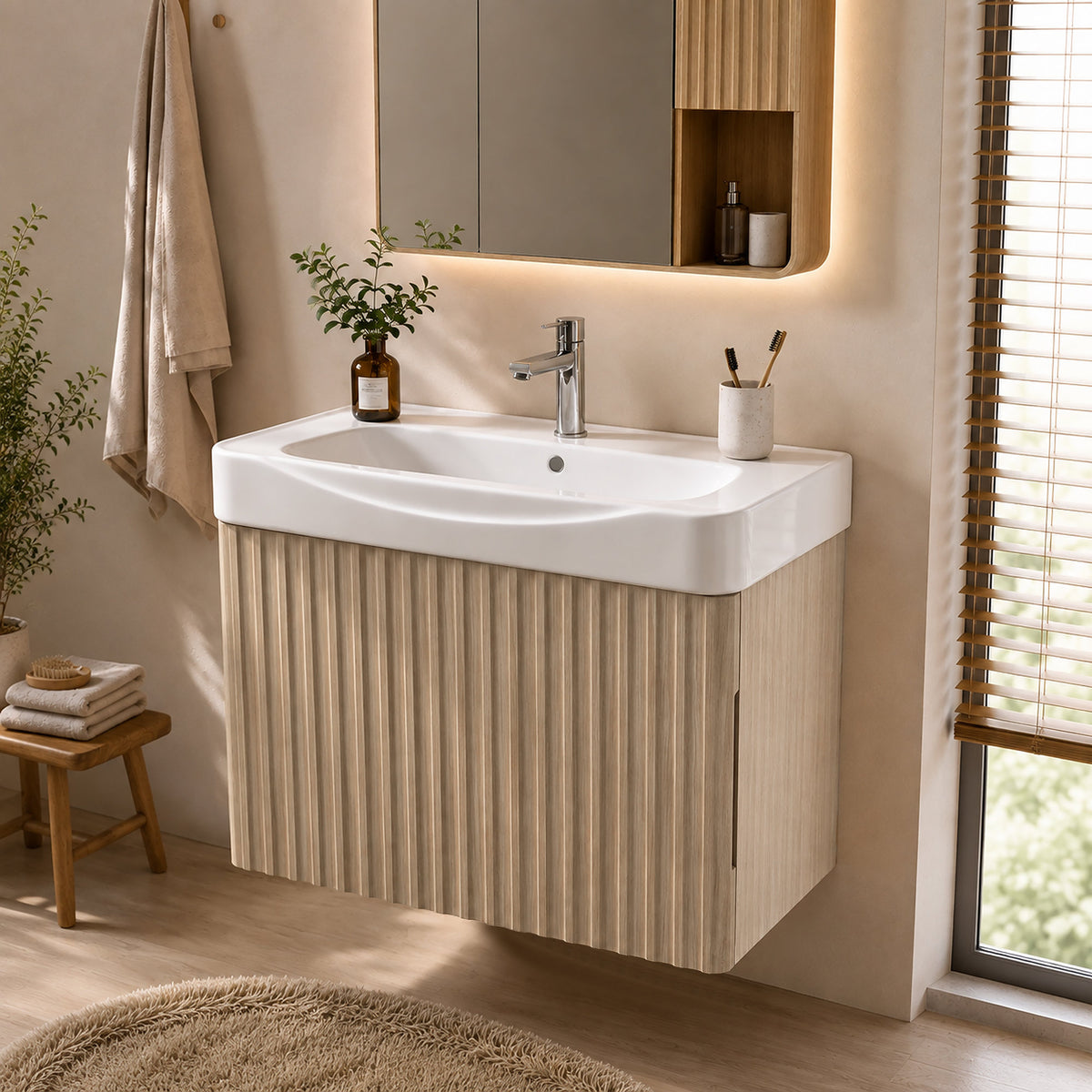 Wall Mount20' Light Oak Bathroom Vanity with Ceramic Sink with one faucet holes, Cabinet  Soft close doors  Pre-installed and completed