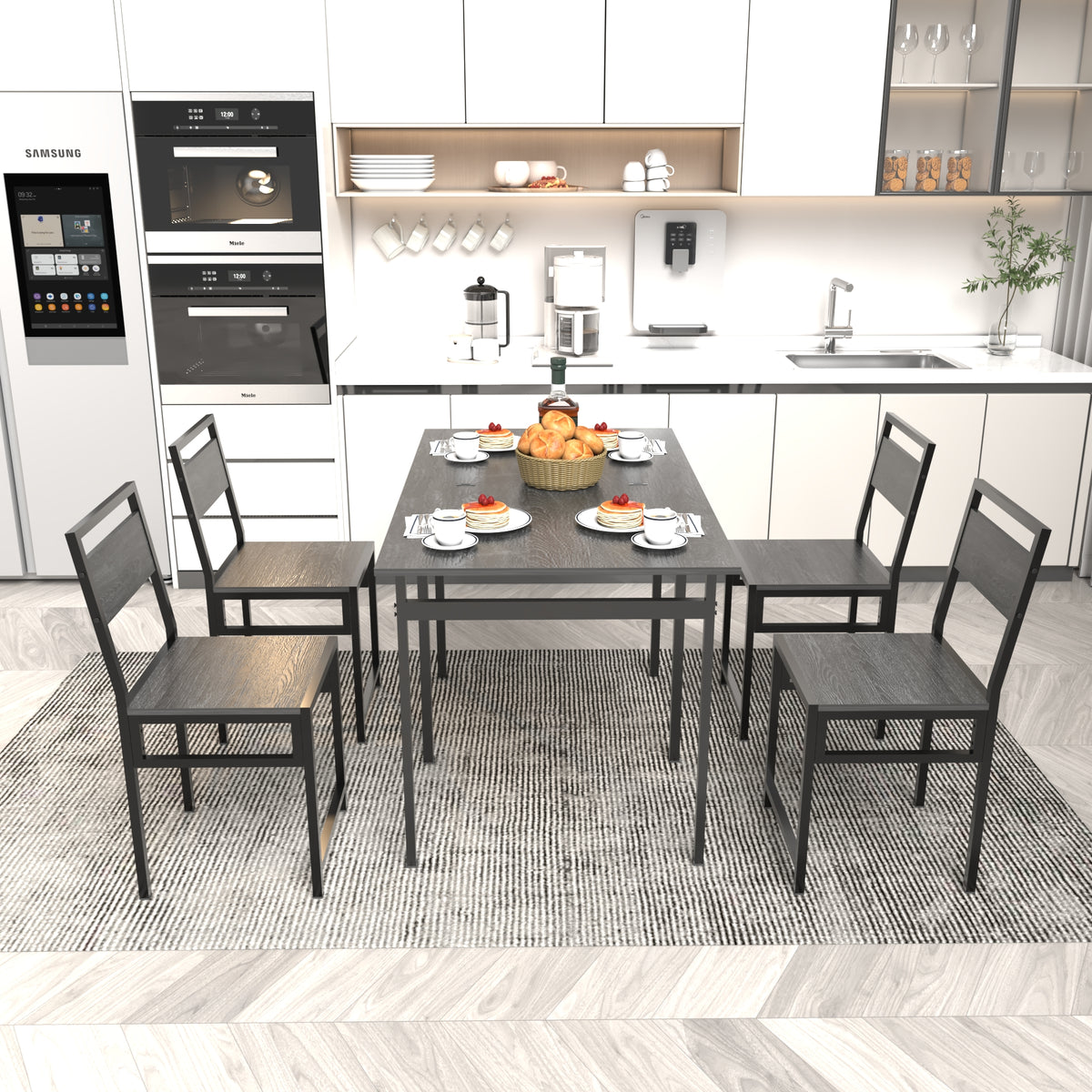 Extendable Dining Table Set with 4 Chairs, Industrial Rectangular Expandable Kitchen Table, Wood Grain Metal Frame Space Saving Dinner Furniture for Small Family Apartment
