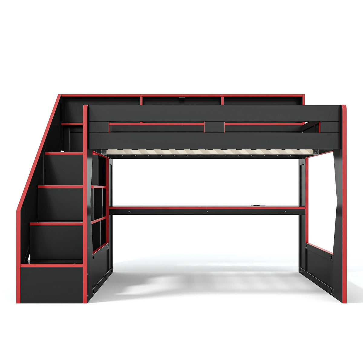 Queen Size Gaming Loft Bed with Storage Stair & Open Headboard Shelves, LED Light & USB Charging Desk, Elevated Loft Bed Frame with House-Shaped Cutout Design for Gamers,Black&Red