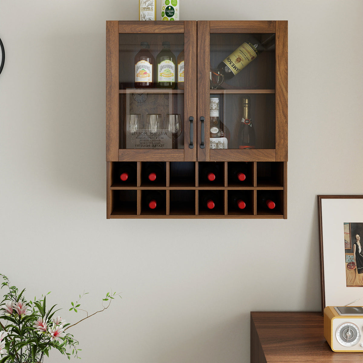 Wall-Mounted Wine Cabinet with Glass Doors, Hanging Wine Rack Storage Cabinet for Home Kitchen Dining Room