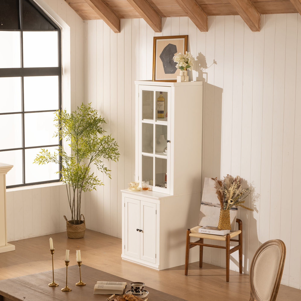 75.25'' Tall Freestanding Pantry Cabinet with Glass Door & Lattice Window, Farmhouse Display Cabinets with Storage, Hutch with Double-Action LH&RH Door, for Hallways, Livingroom Kitchen & Office,White