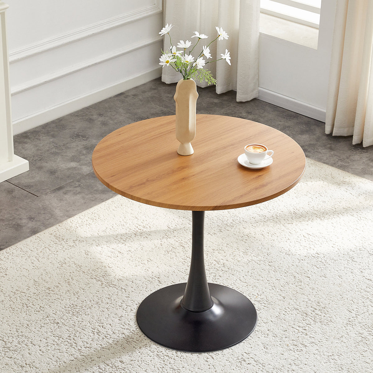 Round Dining Table, 31.5" Circle Tulip Table with Thickened Tabletop & Metal Pedestal, Mid Century Modern Bistro Table for Kitchen, Small Places, Living Room, Cafe (Faux Wood)W2920P405350
