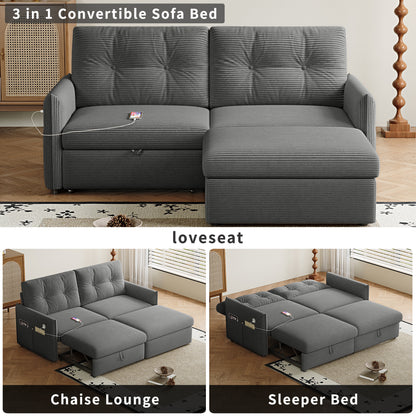 Sleeper Sofa, 69.7' Pull-Out Bed Storage Sectional, Convertible 2-in-1 Sofa Bed with Ottoman, Cozy Multi-Functional Futon for Small Spaces, Corduroy Fabric, Ideal for Living Room & Bedroom