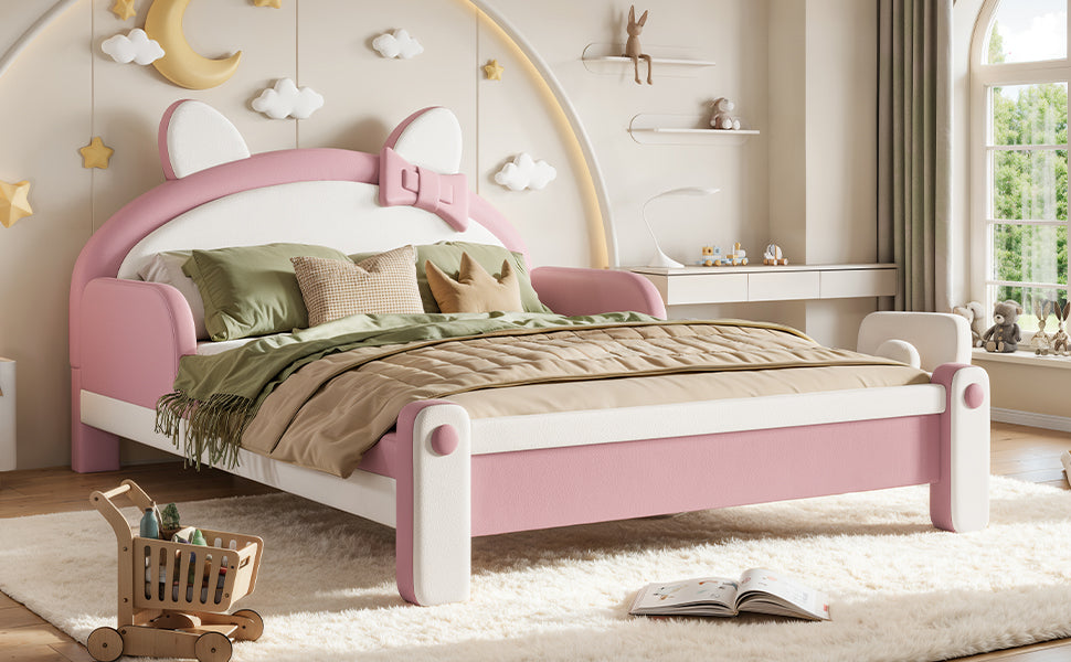 Full Cute Cat Shaped Upholstered Kids Platform Bed, Princess Style Low Profile Children Bed Frame for Bedroom,white&Pink