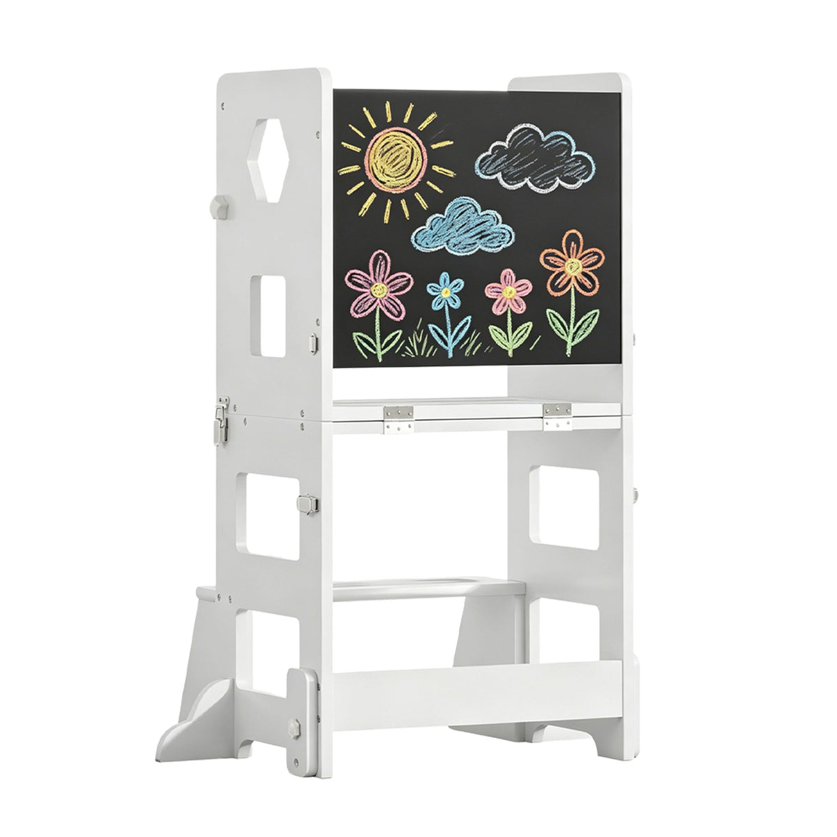 4-in-1 Toddler Kitchen Step Stool,Foldable Learning Standing Tower with Blackboard, Wooden Kitchen Stool Helper for Kids, 1-3 Year Old Boy Girl Gifts(White)