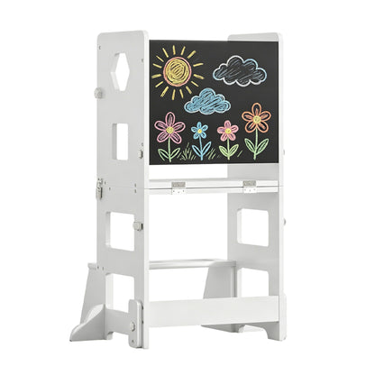 4-in-1 Toddler Kitchen Step Stool,Foldable Learning Standing Tower with Blackboard, Wooden Kitchen Stool Helper for Kids, 1-3 Year Old Boy Girl Gifts(White)