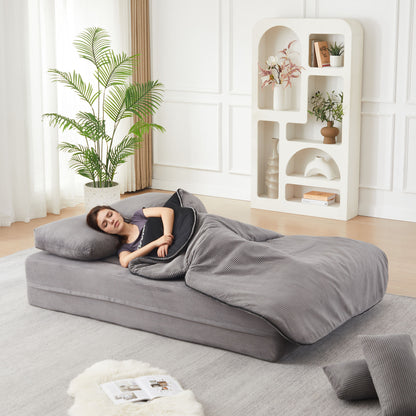 75'' 2-in-1 Foldable Sofa Bed with Multi-Functional Blanket in Grey Corduroy, Convertible Floor Lounge for Living Room Bedroom Studio